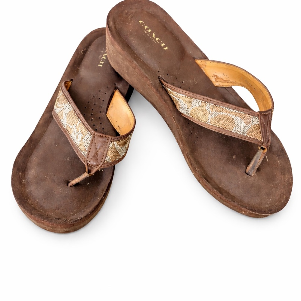 Coach Signature Jacquard Wedge Thong Sandals Brown Leather Women’s